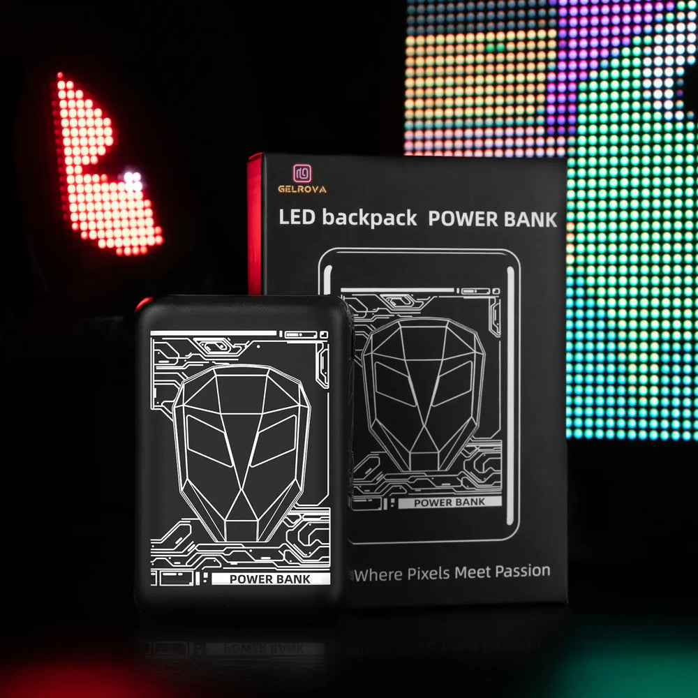 Gelrova 10,000mAh anti-shutoff power bank with packaging and LED display background