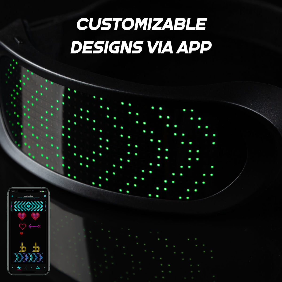 Detail of the Shining Glasses App interface showing customizable DIY patterns on Gelrova RGB programmable LED glasses.