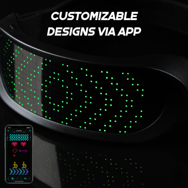 Detail of the Shining Glasses App interface showing customizable DIY patterns on Gelrova RGB programmable LED glasses.