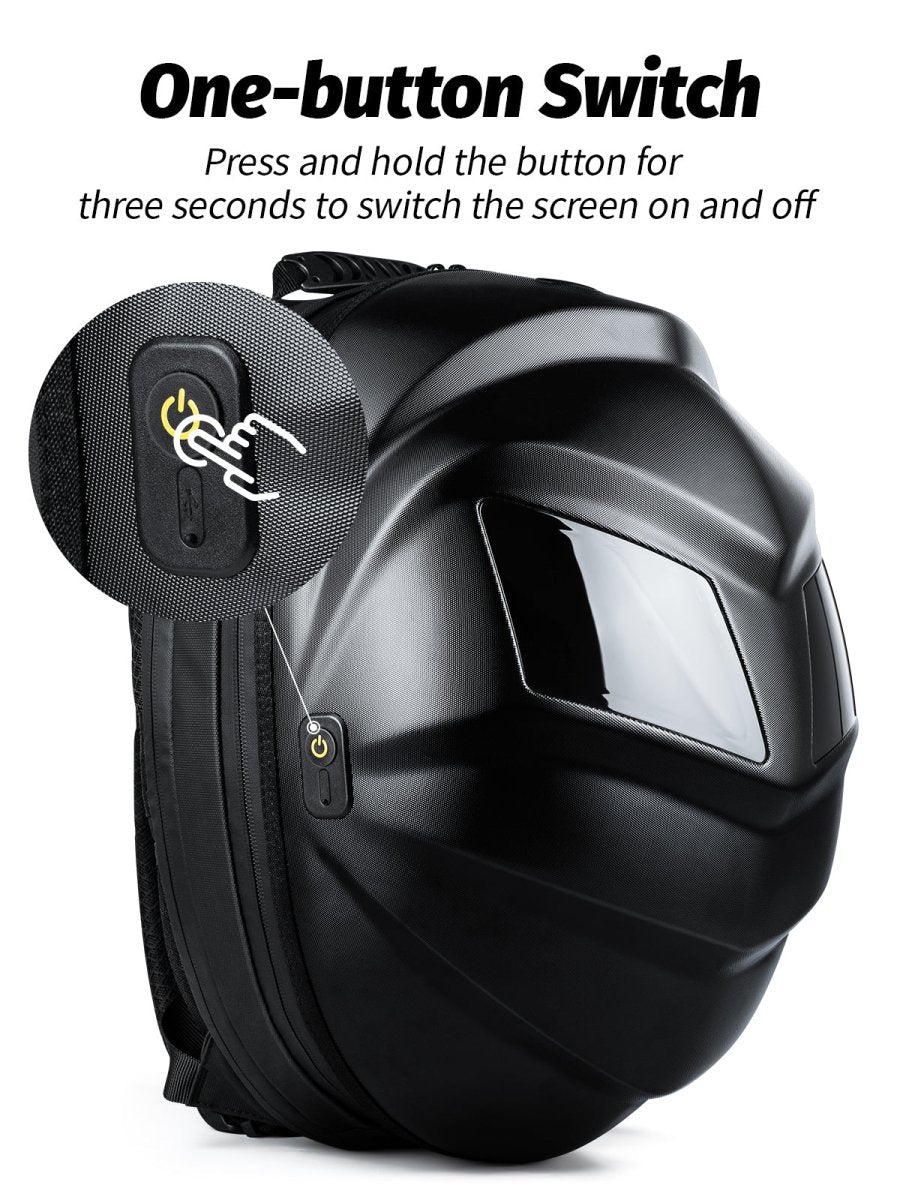 Close-up of the Gelrova LED Motorcycle Backpack's one-button switch for easy LED screen activation.