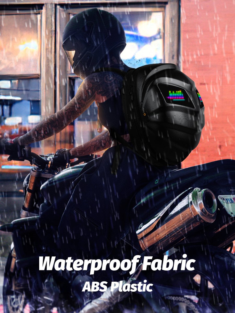 Gelrova LED Motorcycle Backpack - Black Knight Series on a rider, highlighting waterproof fabric and ABS plastic features.