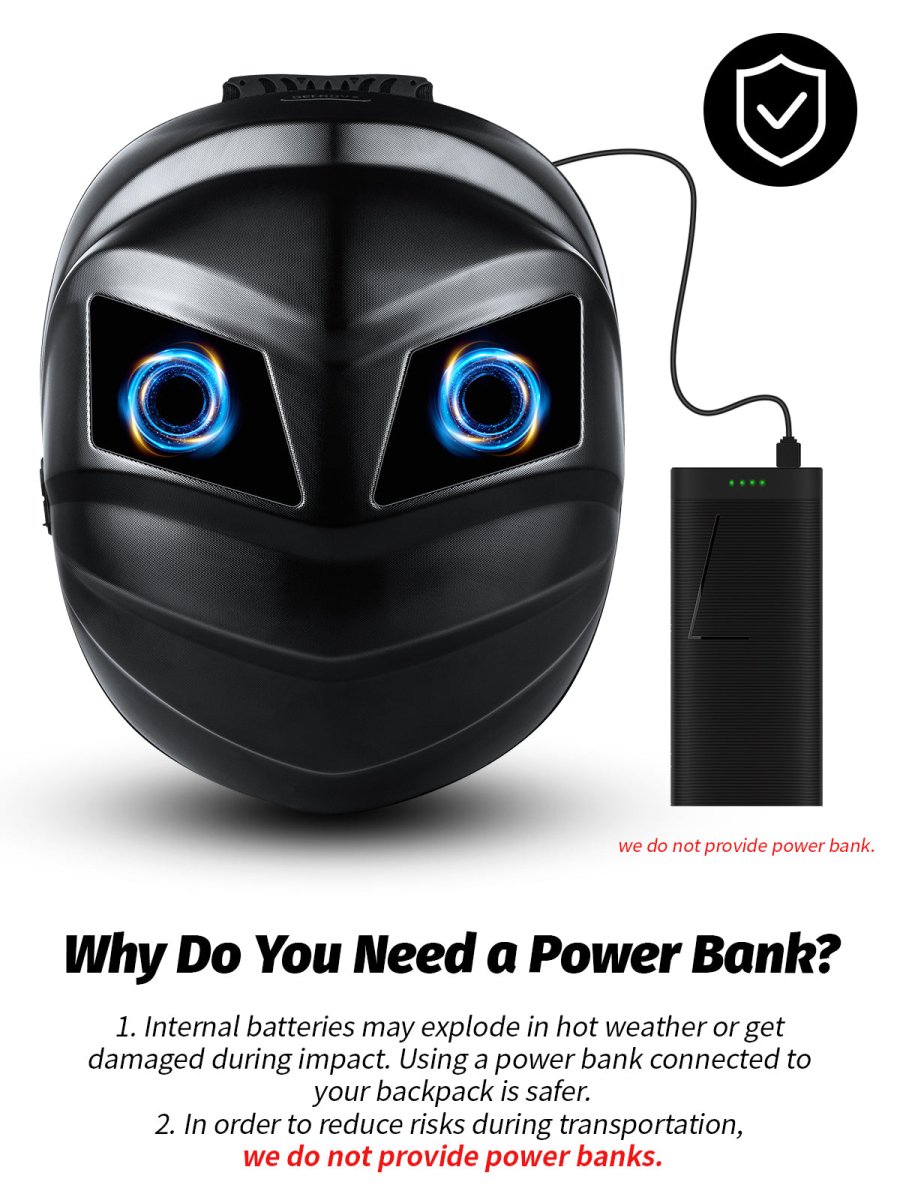 Power bank usage warning for LED motorcycle helmet, highlighting safety concerns and lack of provided power banks.