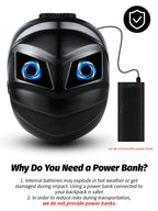 Power bank usage warning for LED motorcycle helmet, highlighting safety concerns and lack of provided power banks.
