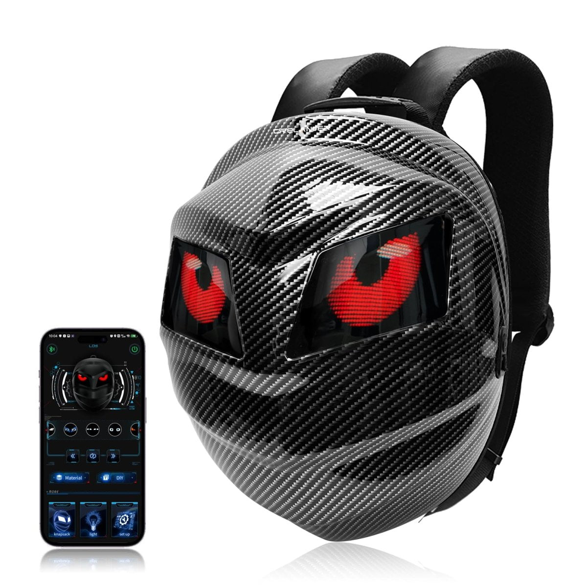 Gelrova LED Motorcycle Backpack - Black Knight Series with red eye design and smartphone control.