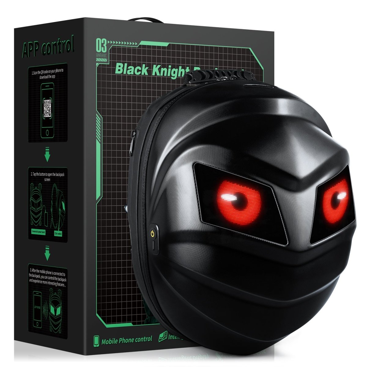 Gelrova LED Motorcycle Backpack - Black Knight Series with app control and unique design.