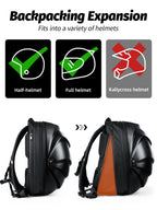 Gelrova LED Motorcycle Backpack showing backpacking expansion for half, full, and rallycross helmets.