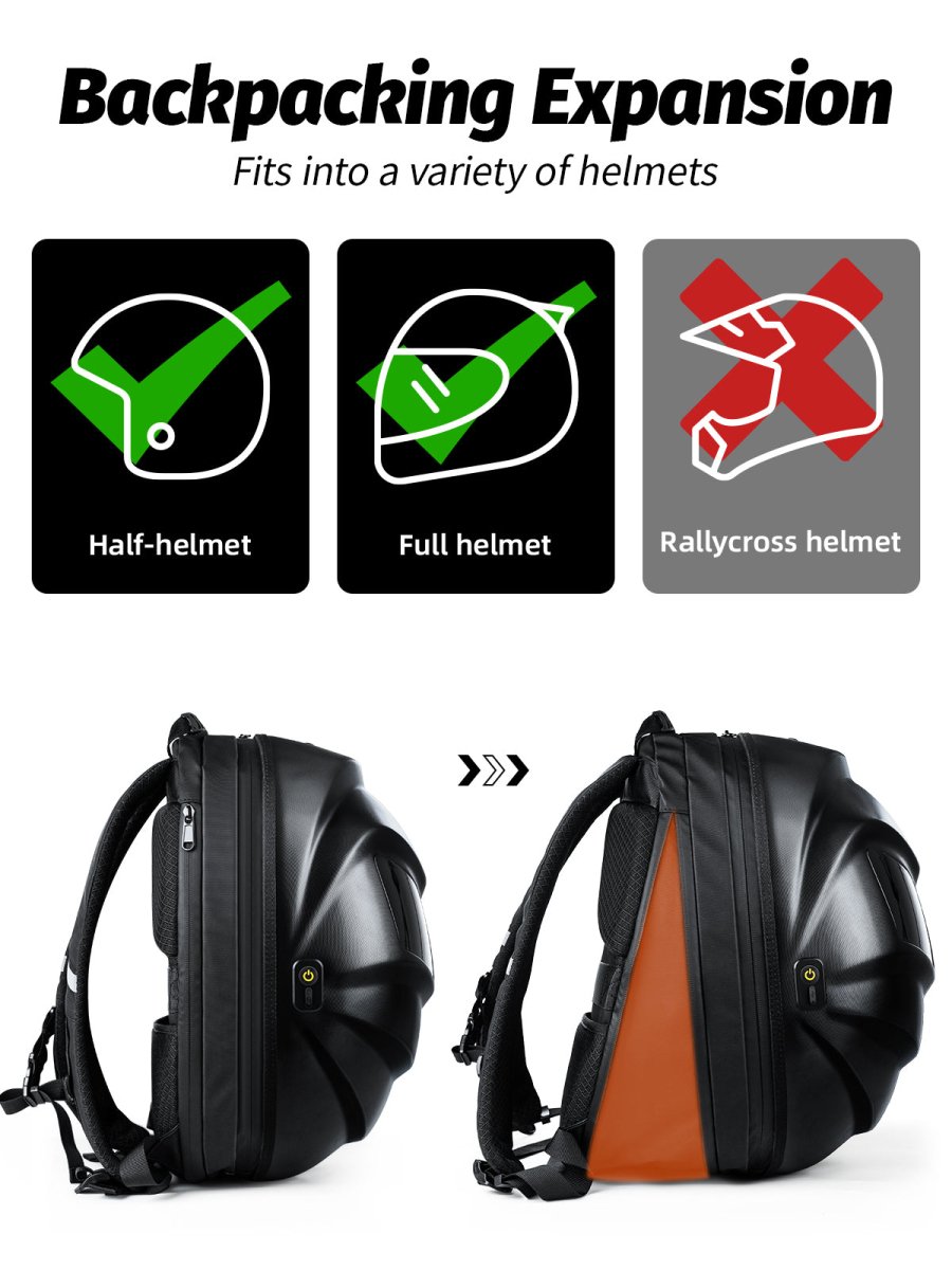 Gelrova LED Motorcycle Backpack showing backpacking expansion for half, full, and rallycross helmets.