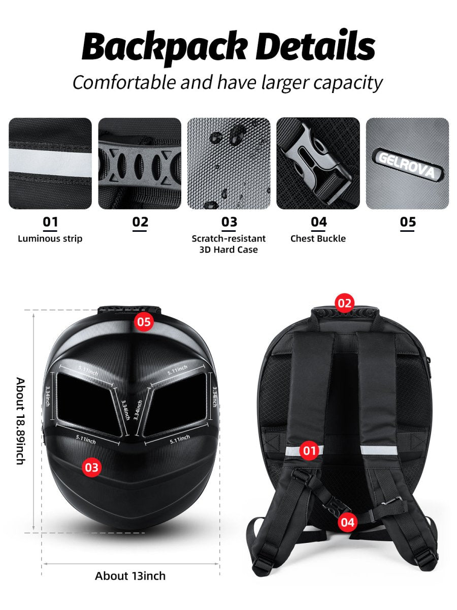 Gelrova LED Motorcycle Backpack Black Knight Series detailed features including luminous strip, scratch-resistant case, and chest buckle.