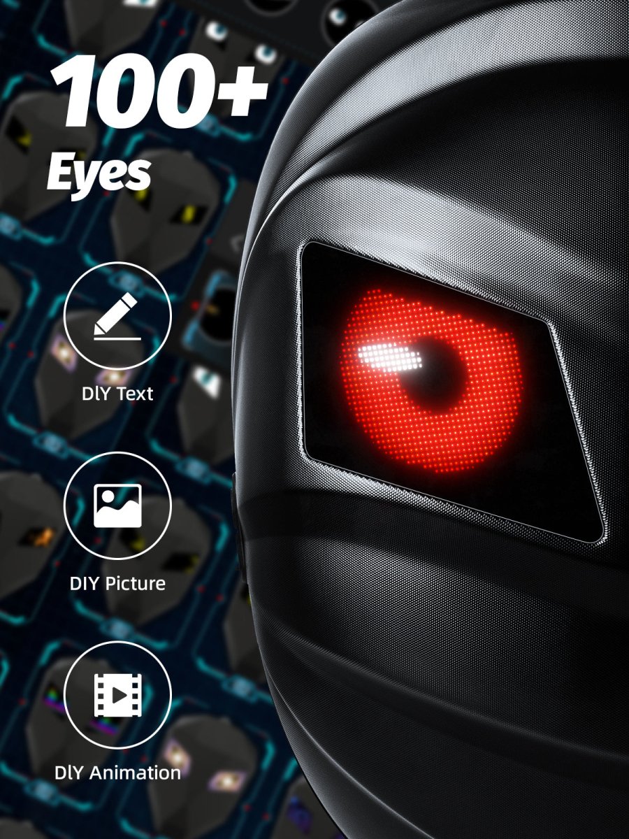 Gelrova LED Motorcycle Backpack features customizable LED display with over 100 eye animations for personalization.