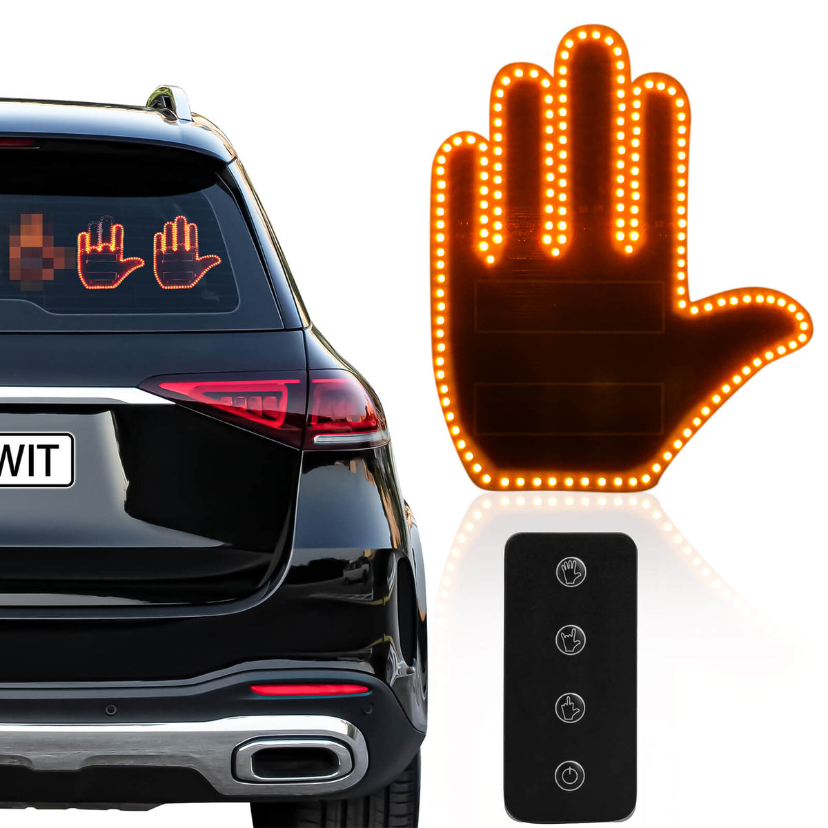 Gelrova Car Hand Gesture Light set with standard vertical remote control for rear window safety.