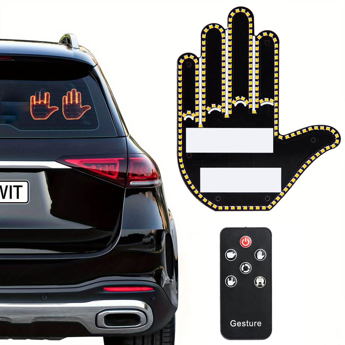 Gelrova Car Hand Gesture Light with upgraded remote control showing LED finger sign on rear window.
