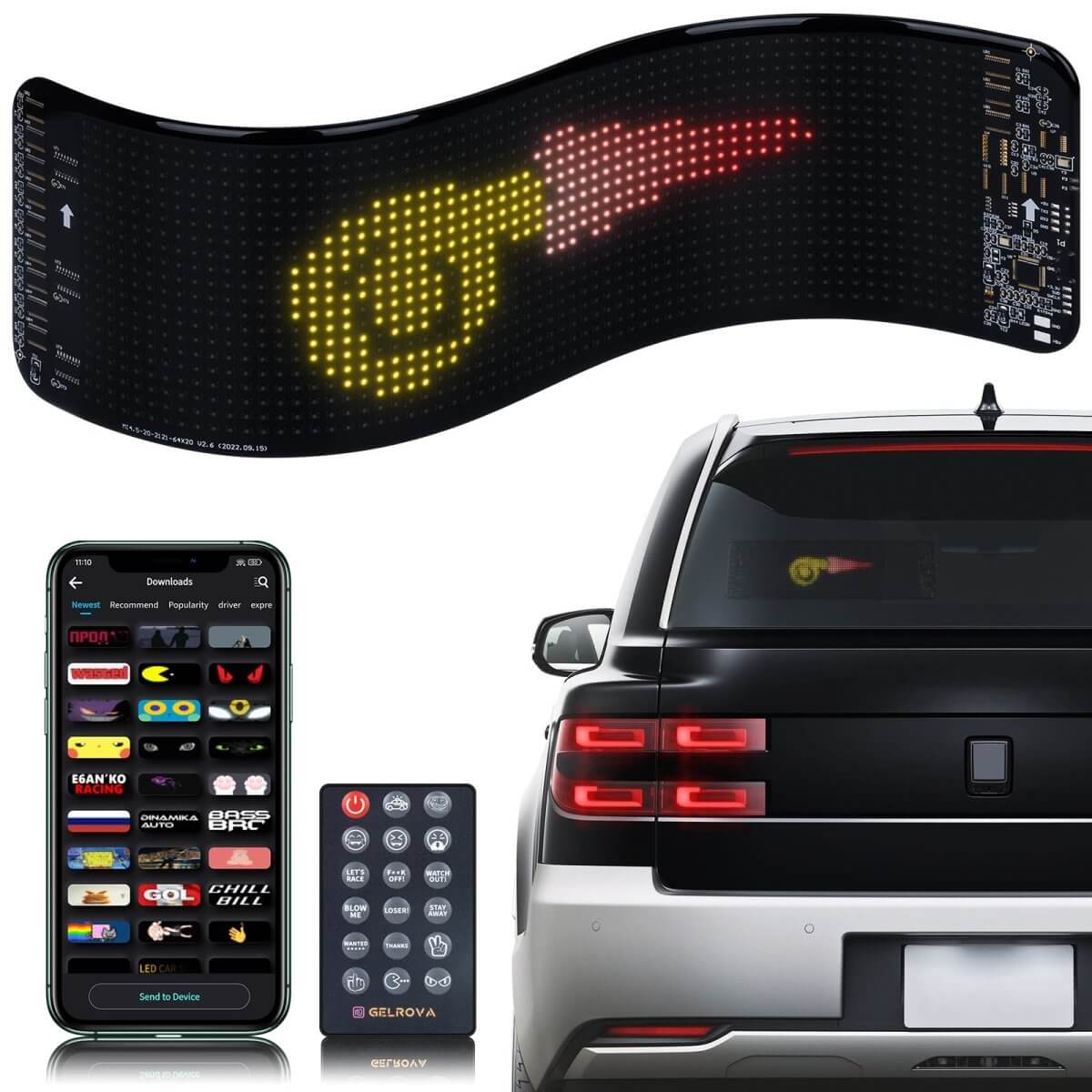 Gelrova Car Window LED Display Car Star 6 Series with flexible panel, app control, and remote control.