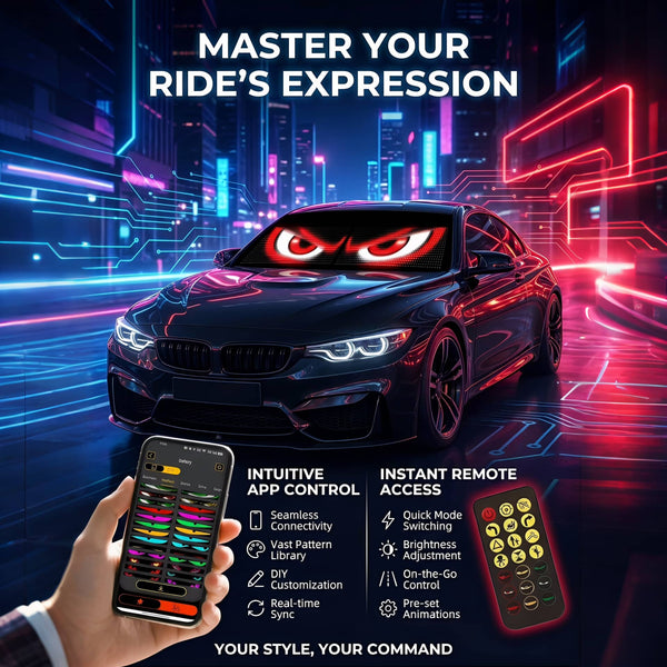  Infographic showcasing app and remote control features of the Gelrova car window LED display on a black sports car.