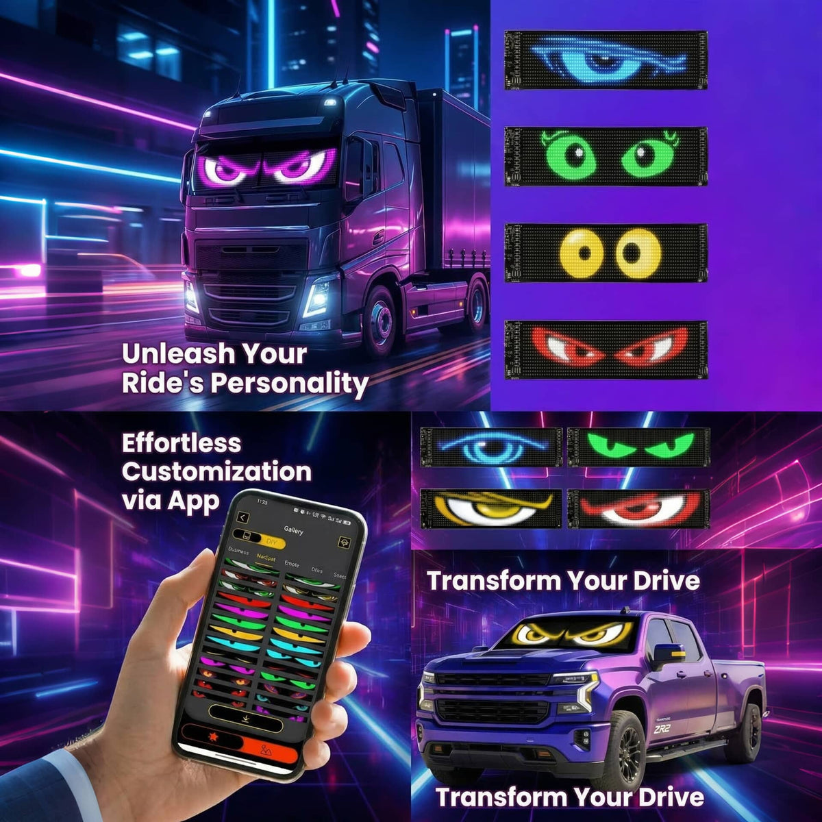  A collage showing the Gelrova Demon Eyes car window LED display fitted on different vehicles, including a semi-truck and a pickup, with various eye colors.