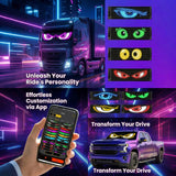  A collage showing the Gelrova Demon Eyes car window LED display fitted on different vehicles, including a semi-truck and a pickup, with various eye colors.
