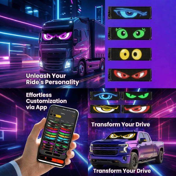  A collage showing the Gelrova Demon Eyes car window LED display fitted on different vehicles, including a semi-truck and a pickup, with various eye colors.