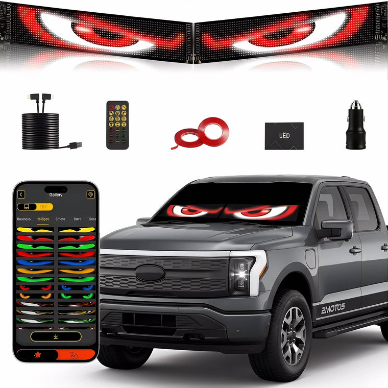 Gelrova Car Window LED Display Demon Eyes 2 Pack installed on a gray pickup truck windshield with included accessories.