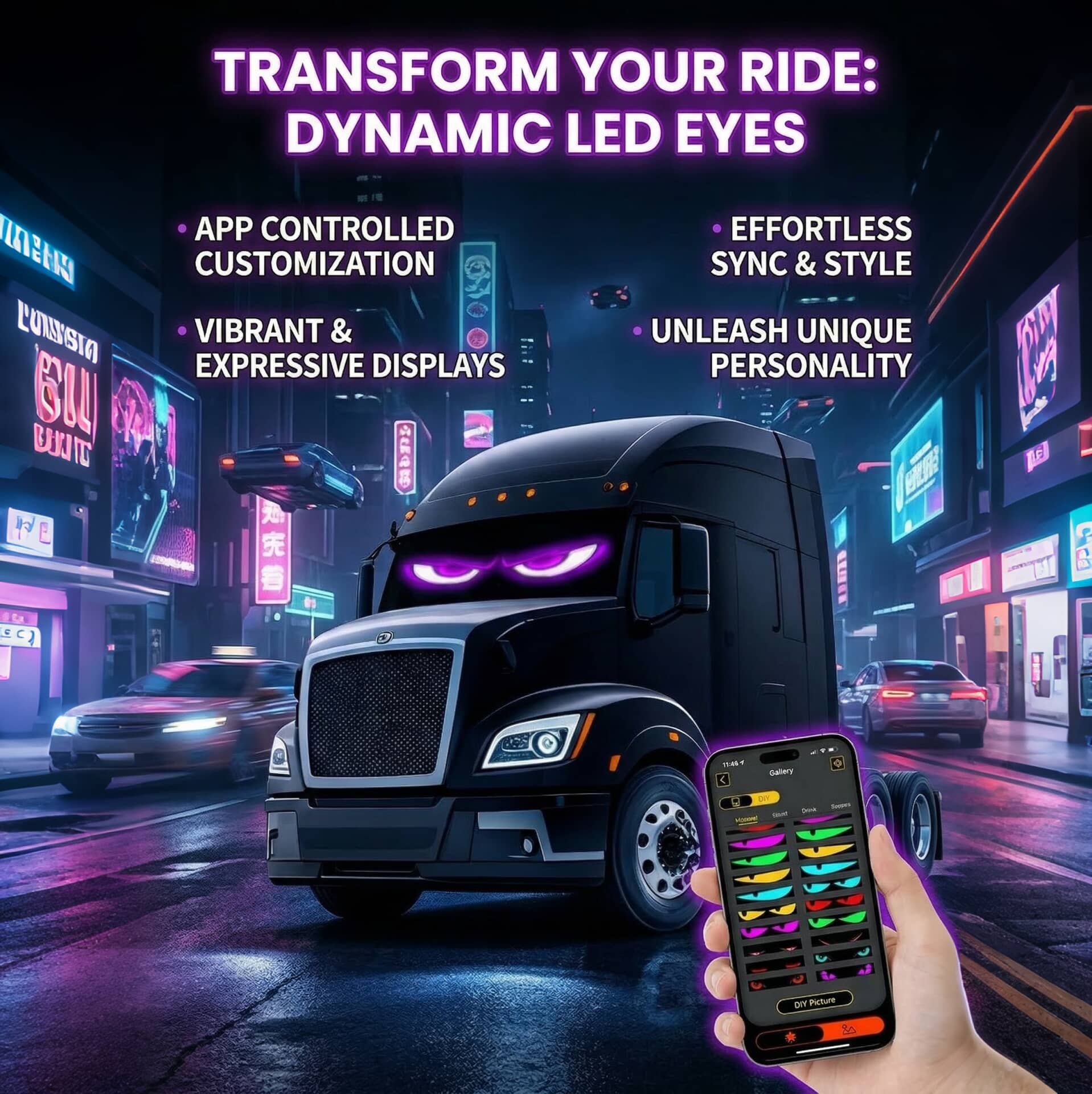A black semi-truck on a neon street displaying dynamic purple glowing LED eyes from the Gelrova Demon Eyes 2 Pack, controlled via smartphone app.