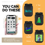 Gelrova LED Backpack – City Series 17" showing app features for customizing LED display with text, GIFs, and images.