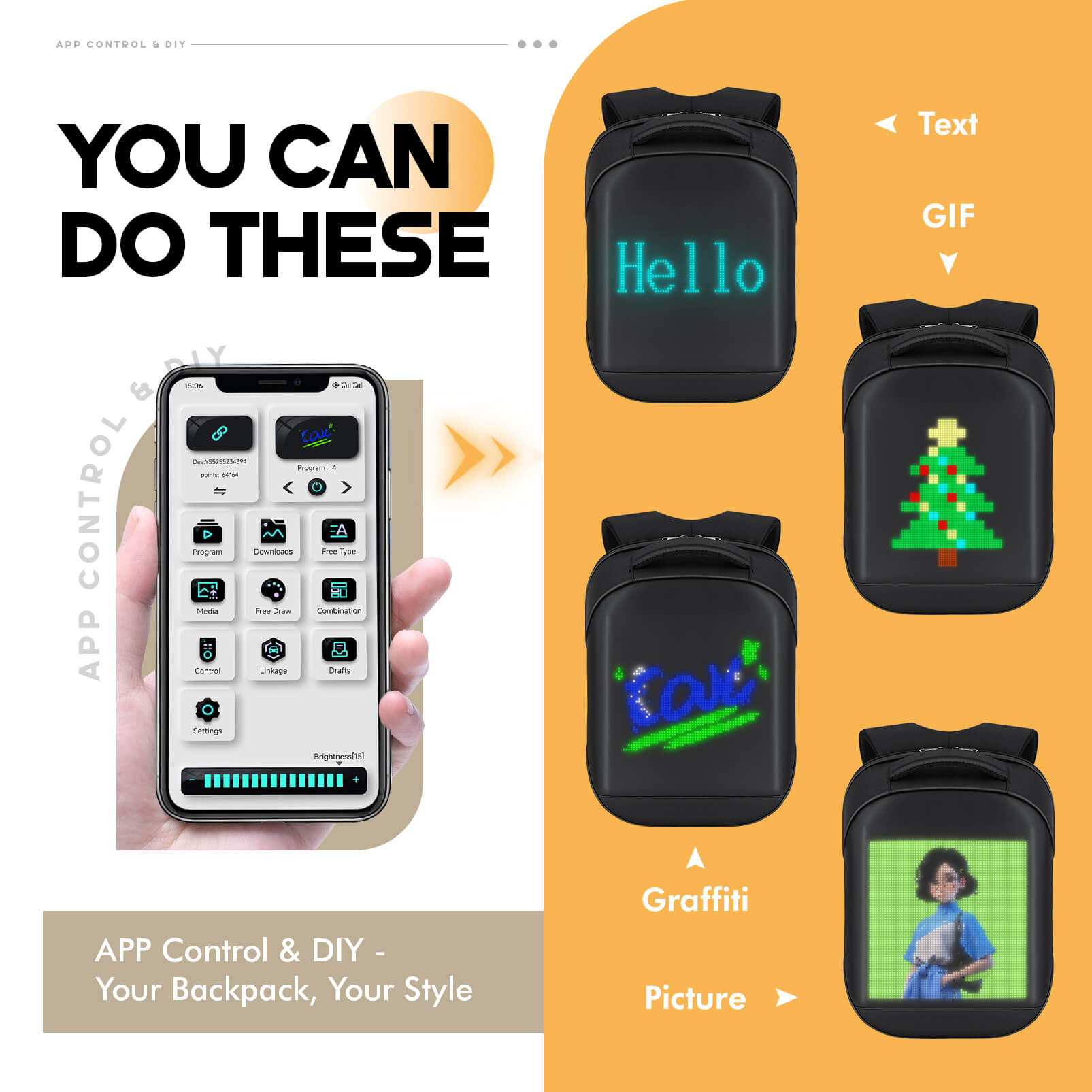 Gelrova LED Backpack – City Series 17" showing app features for customizing LED display with text, GIFs, and images.