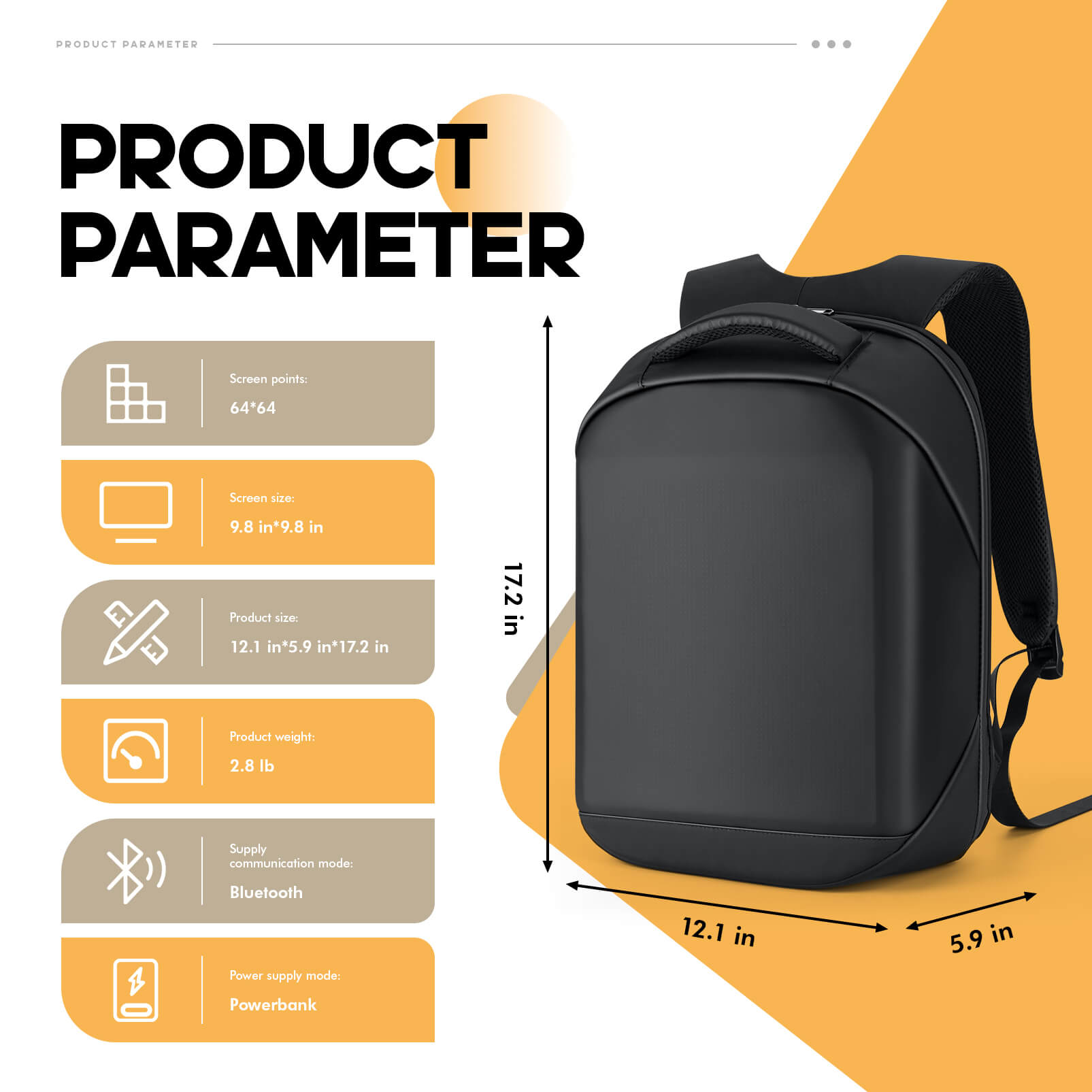 Gelrova LED Backpack – City Series 17" features product parameters including dimensions and weight.