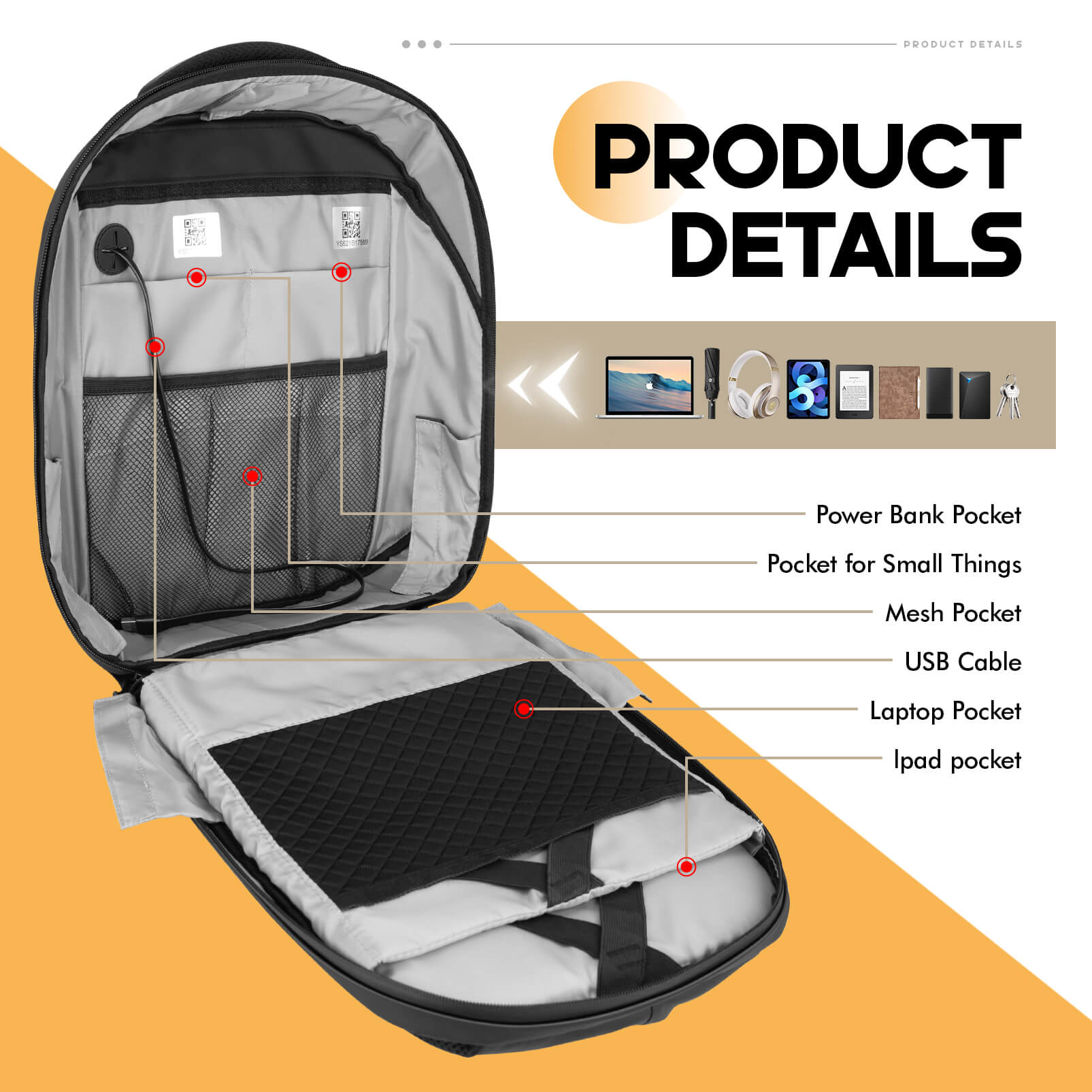 Product details of Gelrova LED Backpack – City Series 17" showing various pockets and compartments.