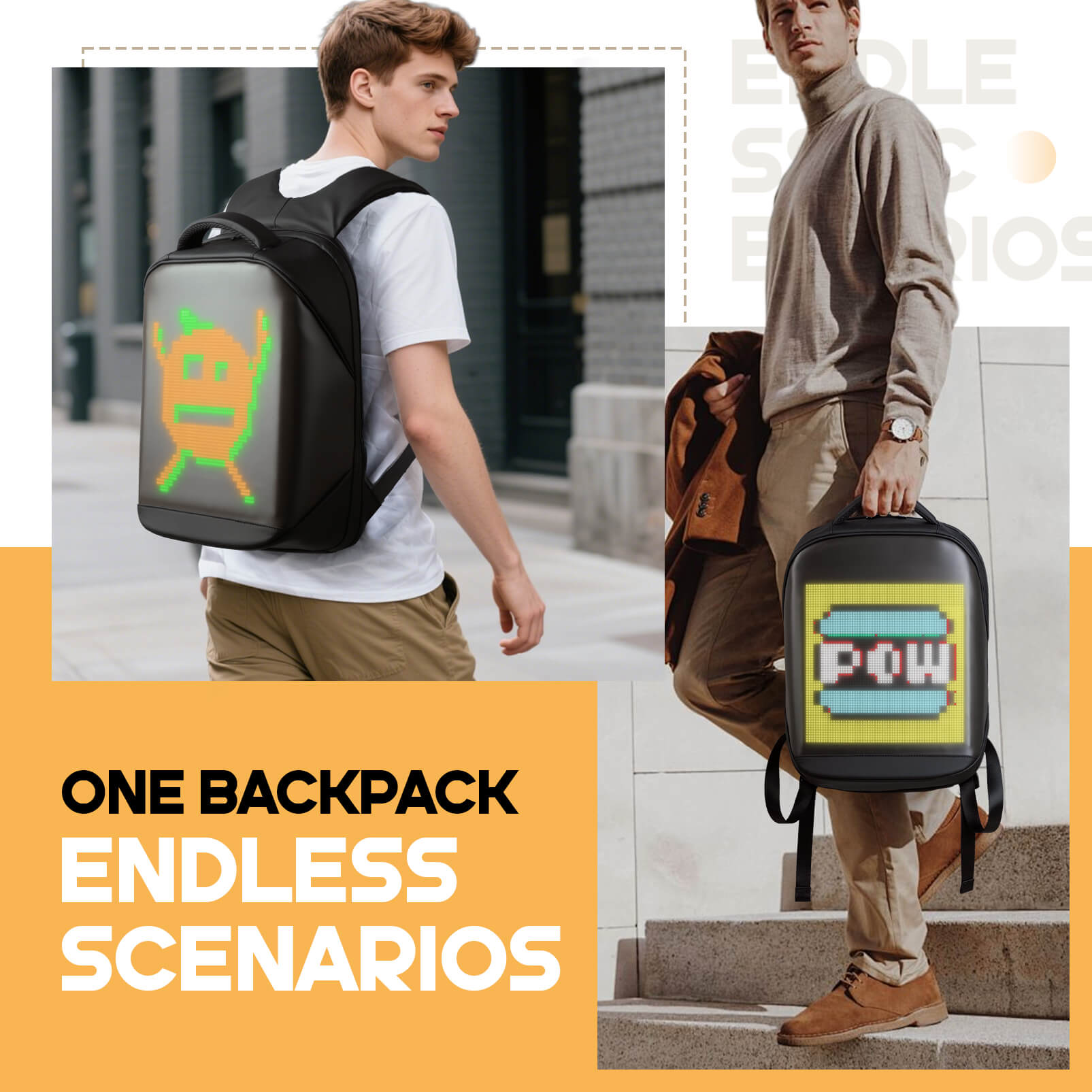 Two stylish individuals showcasing the Gelrova LED Backpack – City Series 17" with customizable LED displays.