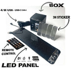 Gelrova Customizable Car Window LED Display kit with LED panel, remote control, USB cable, and 3M installation stickers.