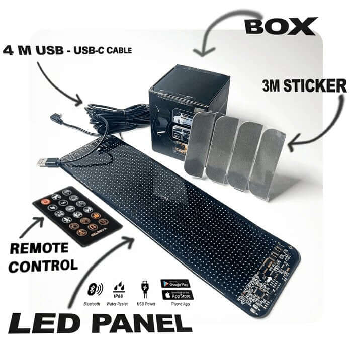 Gelrova Customizable Car Window LED Display kit with LED panel, remote control, USB cable, and 3M installation stickers.