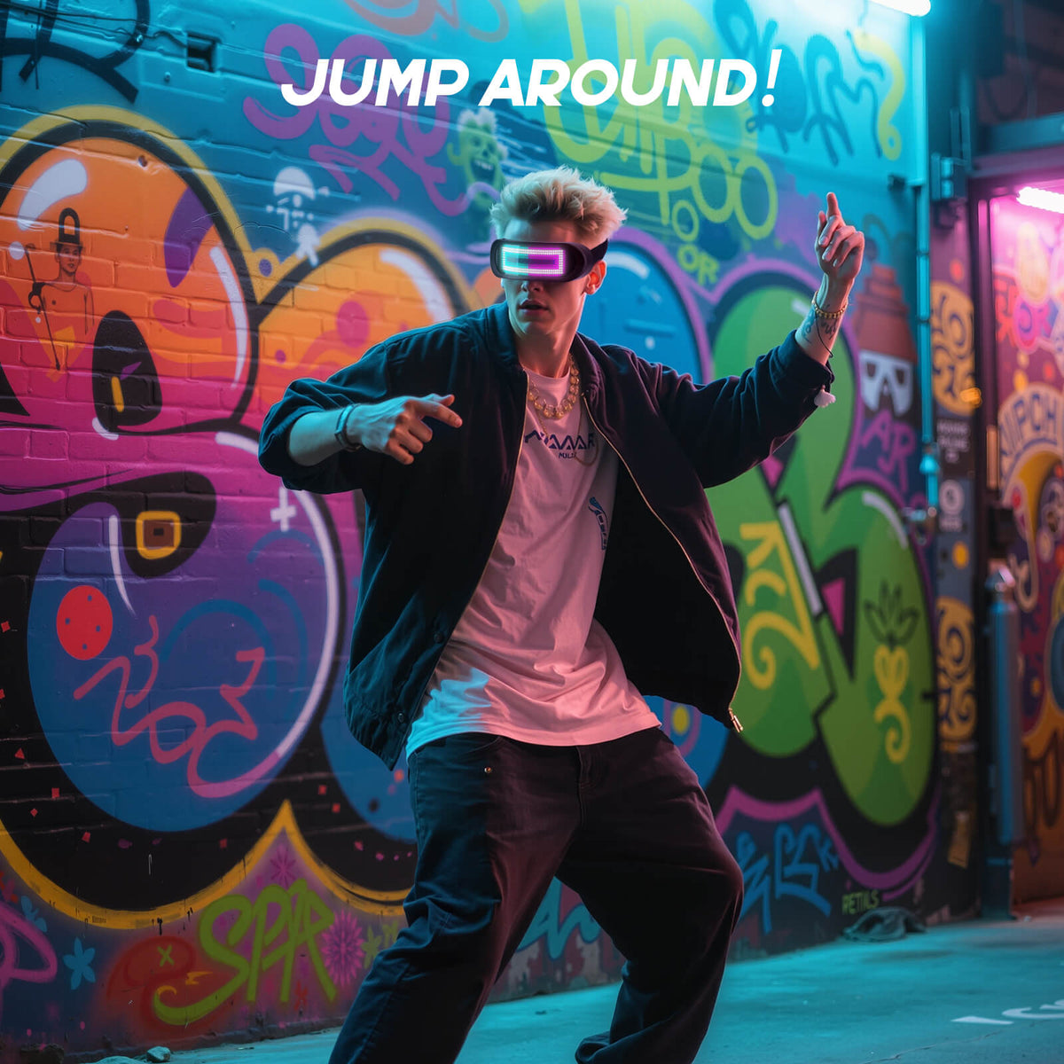 Dancer wearing Gelrova programmable LED glasses jumping in a cyberpunk street setting. The ultimate light-up eyewear for party outfits.