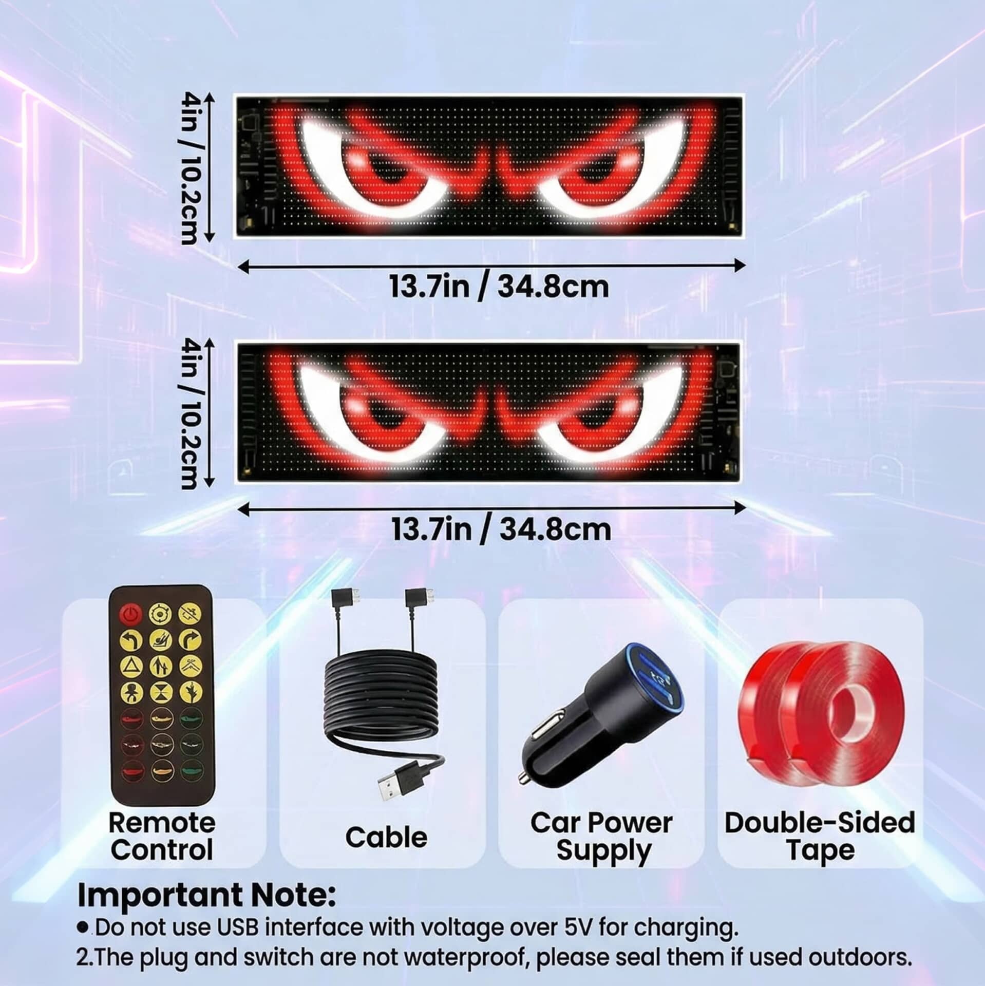 Dimension details (13.7in x 4in) and included accessories of the Gelrova Demon Eyes 2 Pack car window LED display.