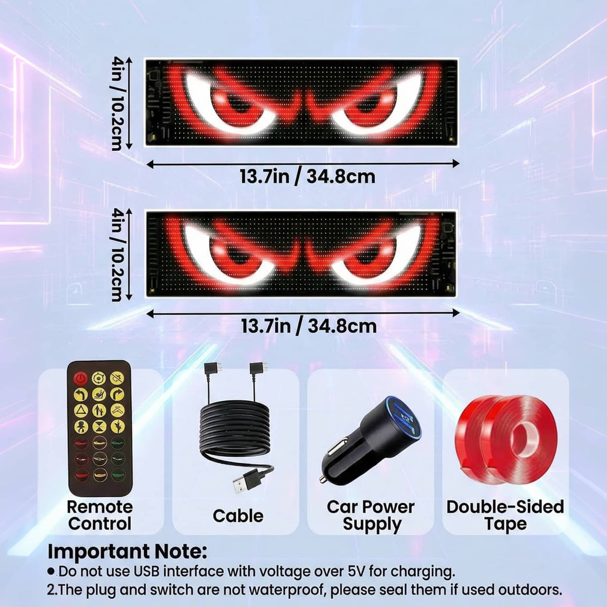 Dimension details (13.7in x 4in) and included accessories of the Gelrova Demon Eyes 2 Pack car window LED display.