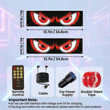 Dimension details (13.7in x 4in) and included accessories of the Gelrova Demon Eyes 2 Pack car window LED display.