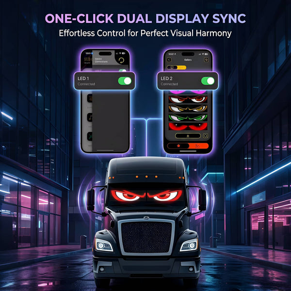 Infographic demonstrating the one-click dual display sync feature for controlling two Gelrova LED screens on a semi-truck windshield.