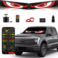 The Gelrova Demon Eyes LED display installed on a grey pickup truck windshield with full accessories list.
