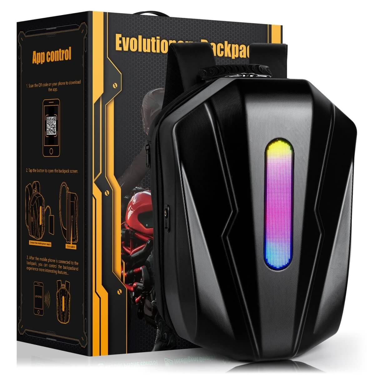 Gelrova LED Motorcycle Backpack - Evolution Series 19" shown with LED strip design and app control features.