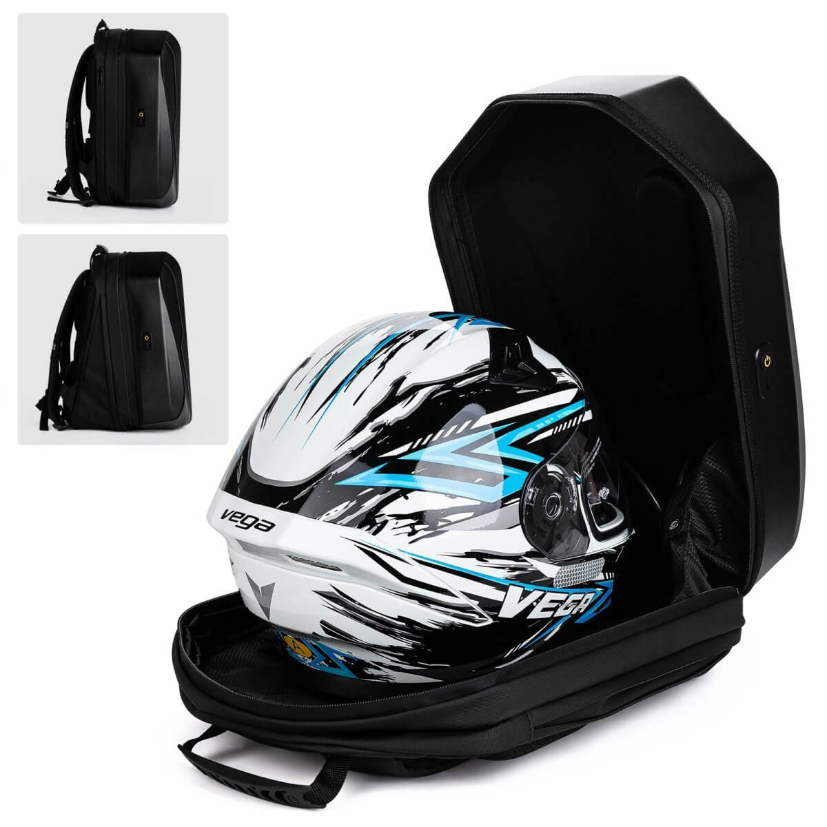 Gelrova LED Motorcycle Backpack - Evolution Series 19" with a helmet inside, showcasing spacious design and LED features.