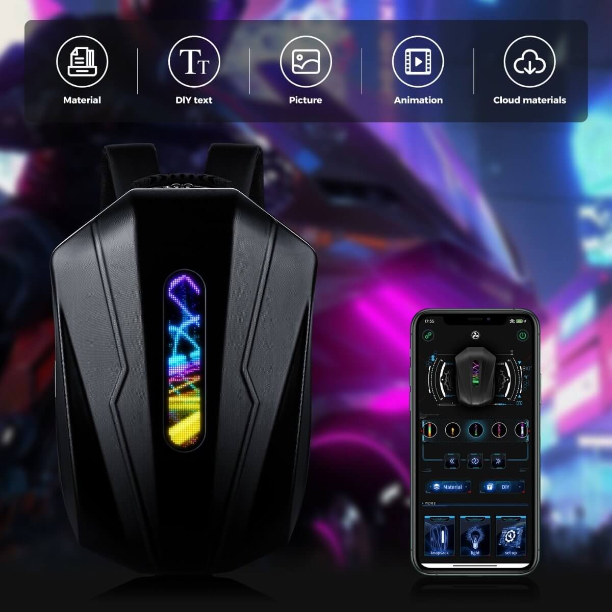Gelrova LED Motorcycle Backpack - Evolution Series 19" with app control features and colorful LED display.