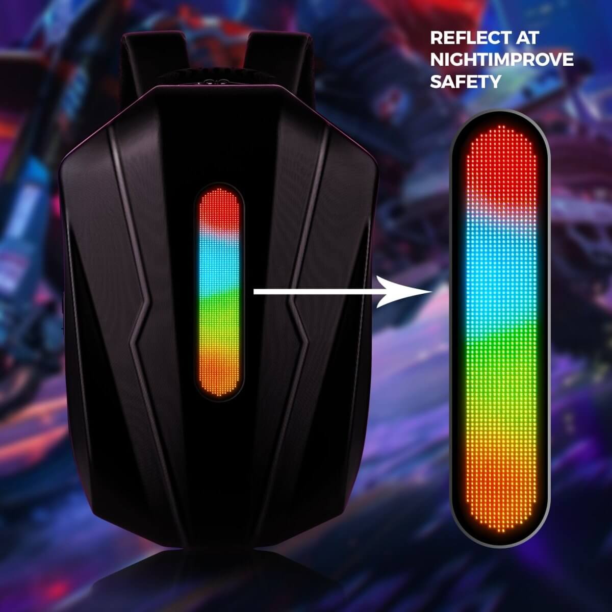 Gelrova LED Motorcycle Backpack - Evolution Series 19" with colorful LED strip for safety and visibility at night.