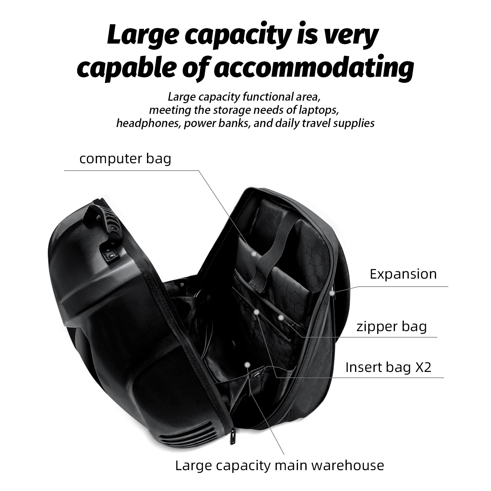 Interior view of Gelrova expandable backpack (12.2L to 22.2L) showing laptop sleeve and main compartment capable of holding a 17-inch laptop.