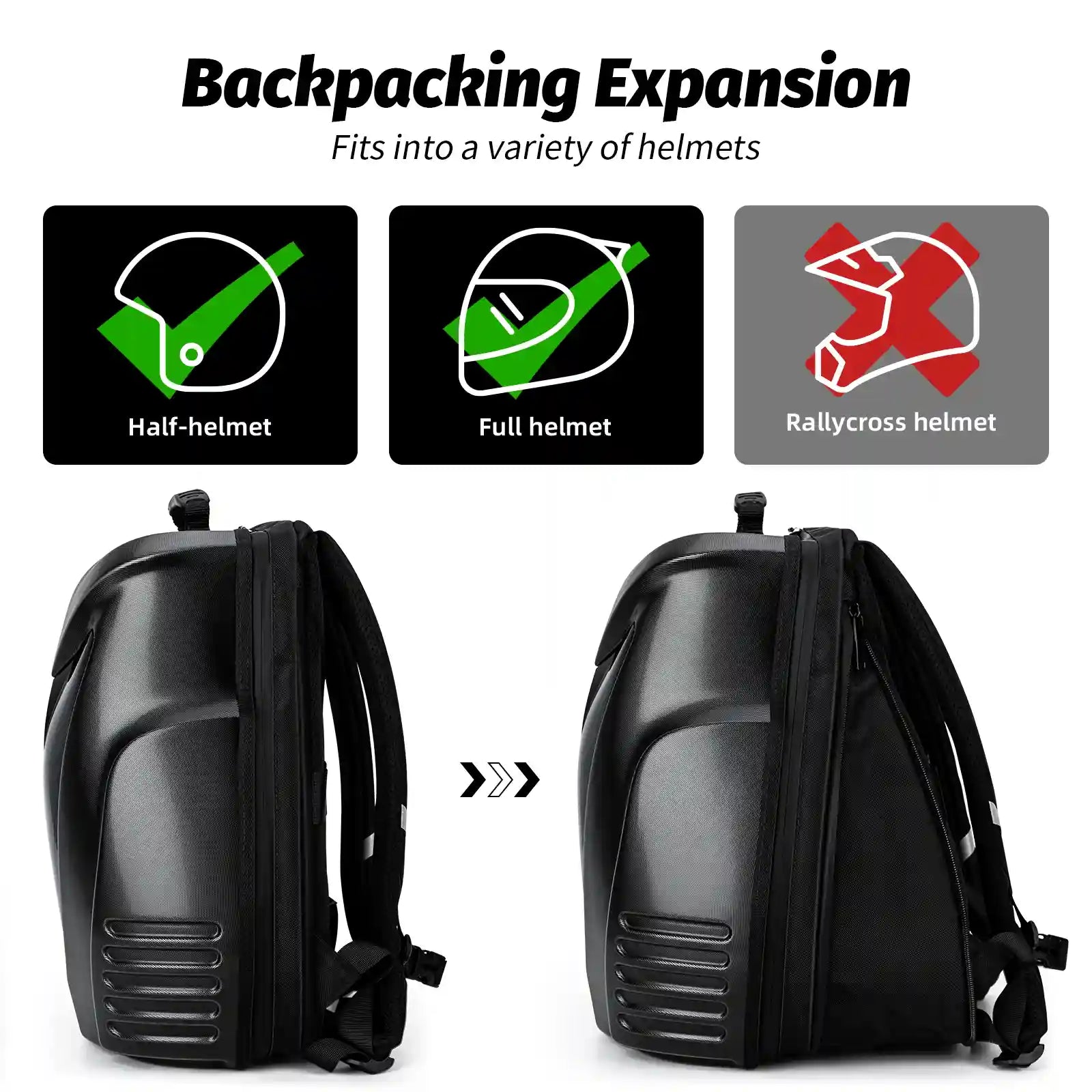 Gelrova expandable motorcycle backpack demonstrating storage capacity that completely fits a standard full-face helmet inside.