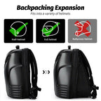 Gelrova expandable motorcycle backpack demonstrating storage capacity that completely fits a standard full-face helmet inside.