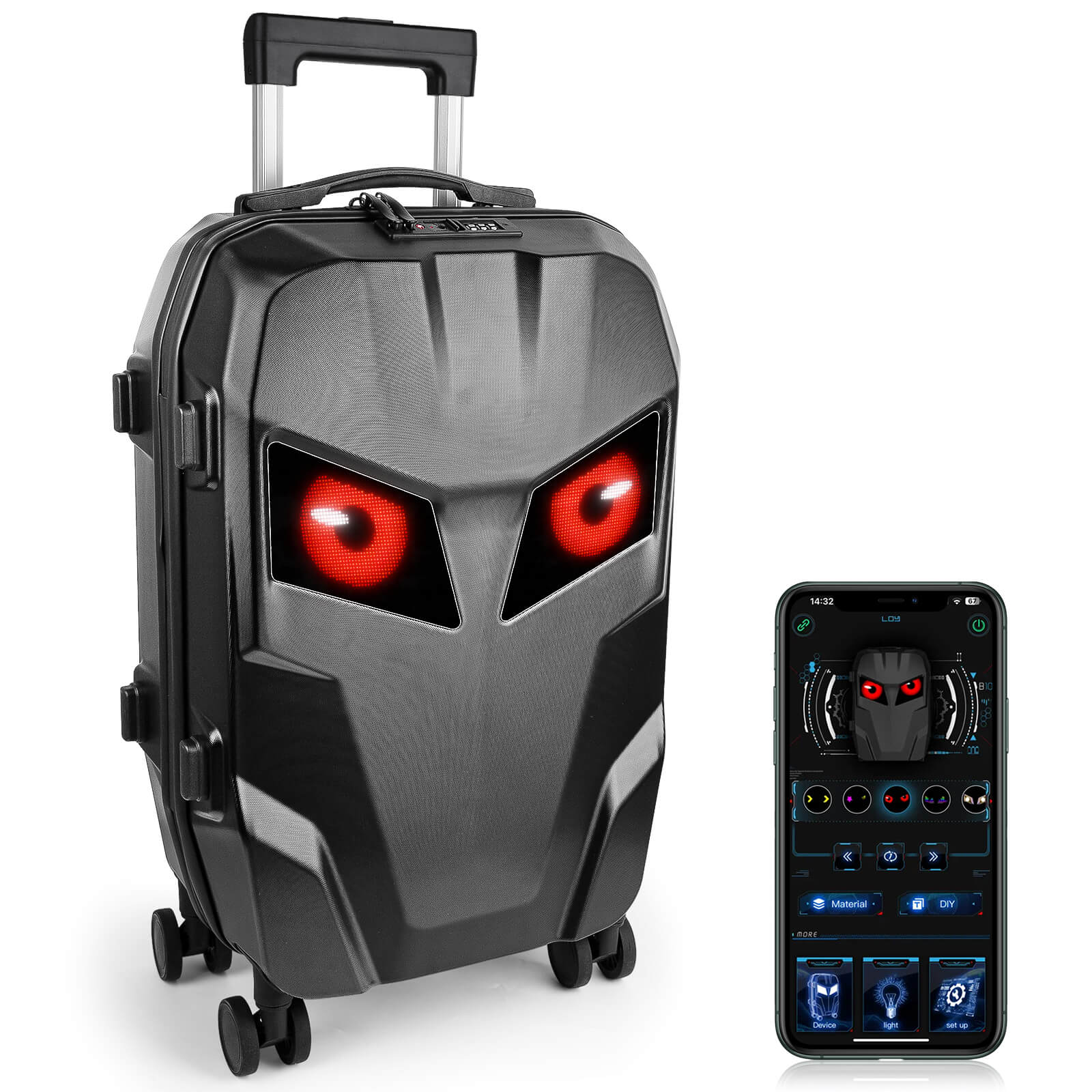 Gelrova LED Smart Luggage - Explorer Series featuring dynamic LED eye animations and smartphone app control.