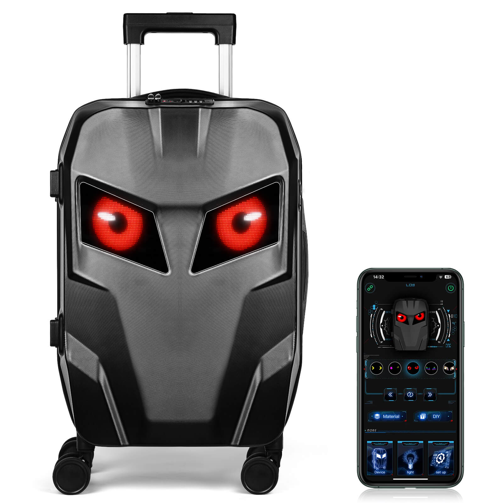Gelrova LED Smart Luggage - Explorer Series featuring dynamic LED eye expressions and LOY EYES App on a smartphone.