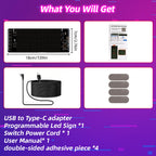 Package contents for the Gelrova K10 Mini flexible car LED display including a 7.09 by 2.76 inch panel, USB cord, and adhesive pads.