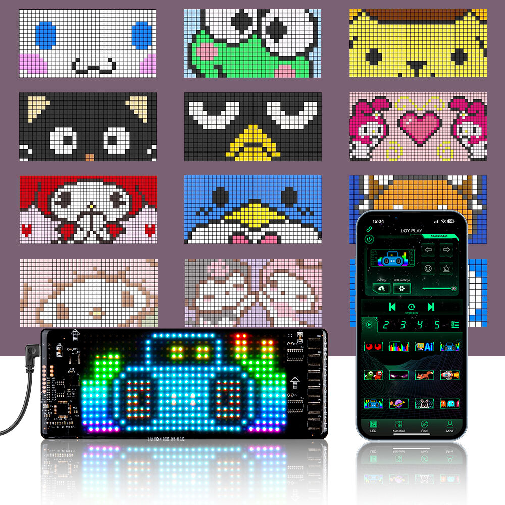 Gelrova K10 Mini flexible car window LED display showing various pixel art designs and the smartphone control app.