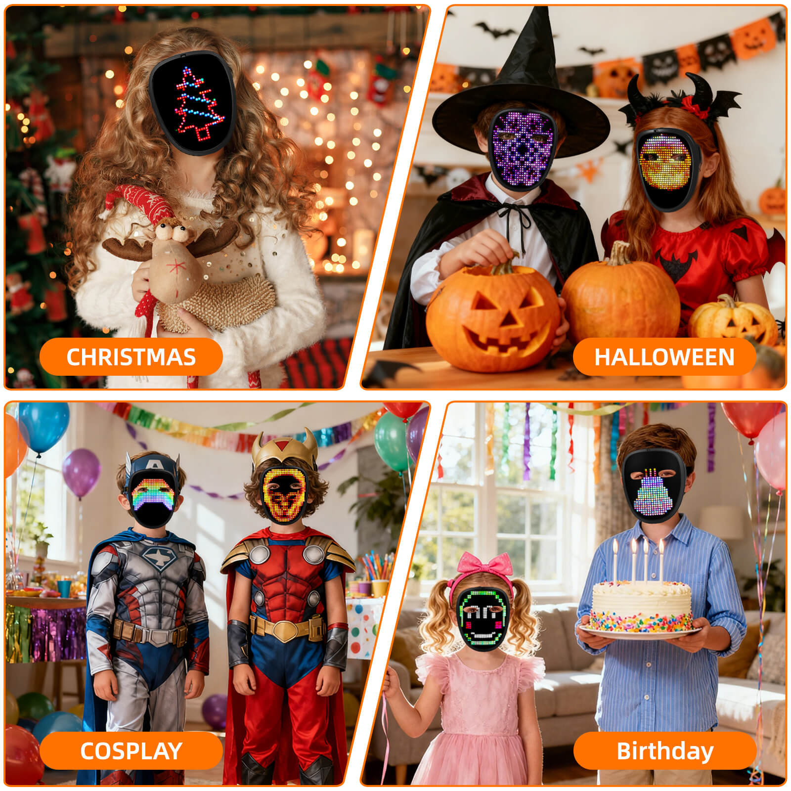 Kids wearing Gelrova Light Up Mask for Kids (Gesture Control) at Christmas, Halloween, Cosplay, and Birthday parties.