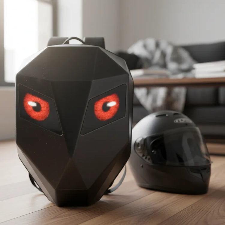 Customer review of Gelrova Knight LED motorcycle backpack displaying the Devil Eye design, placed next to a black helmet.