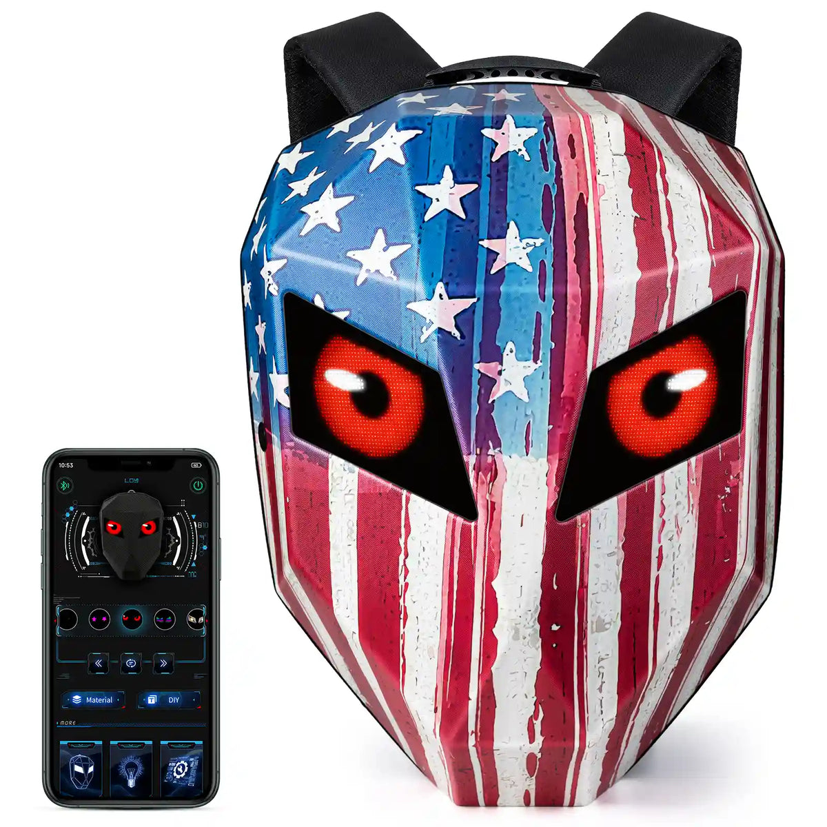 Gelrova Knight Series LED motorcycle backpack Patriot edition shown with mobile app interface for customizing the programmable LED eyes.