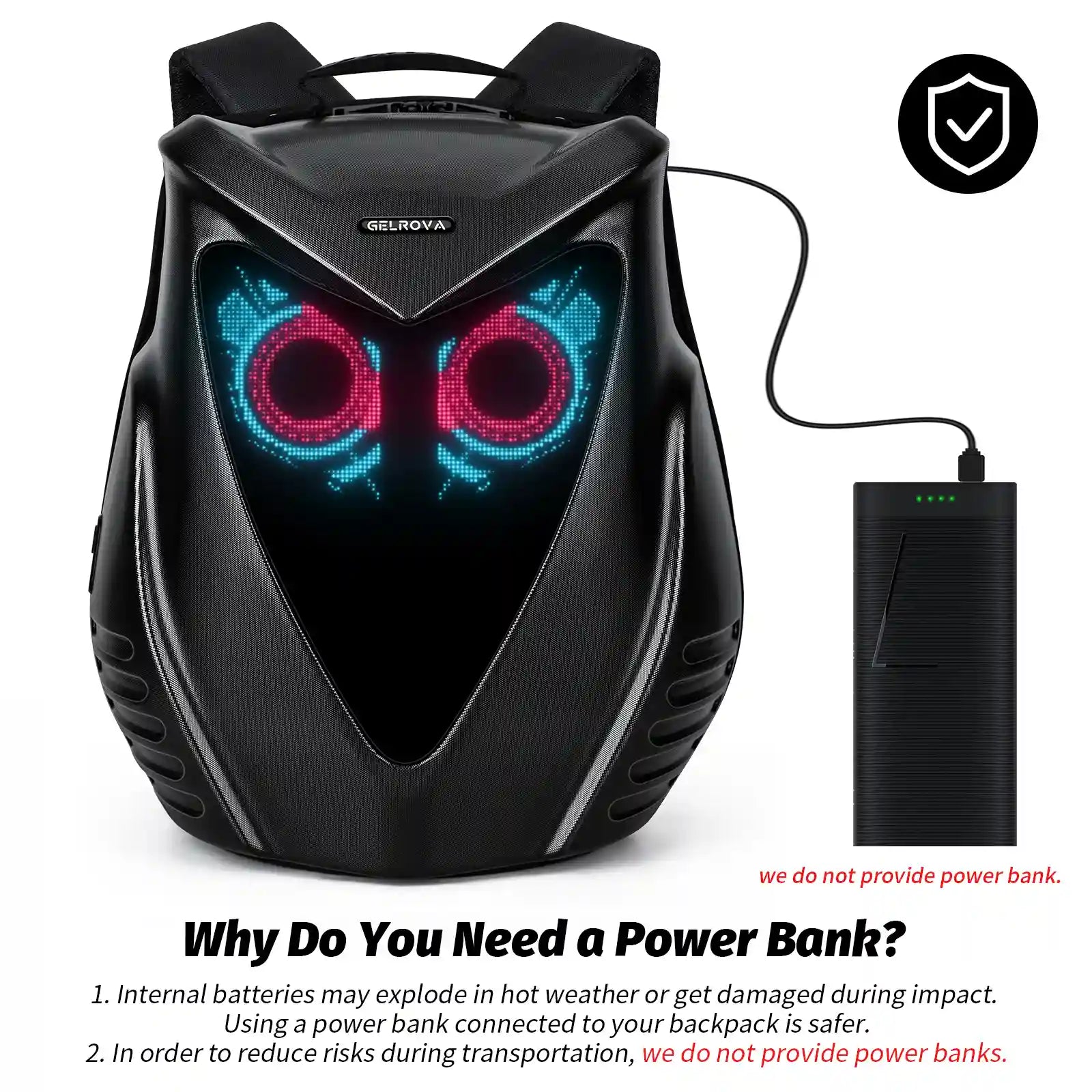 Safety guide for Gelrova LED backpack explaining USB power bank connection requirement (battery not included for safer transport).